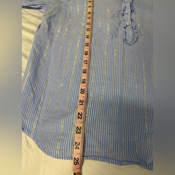 Talbots Womens Blue White Metallic Silver Striped Button Ruffled Shirt Lp - Picture 9 of 9